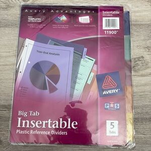 NWT Avery Advantages Big Tab Insertable Plastic Reference Dividers 5 Tabs #11900